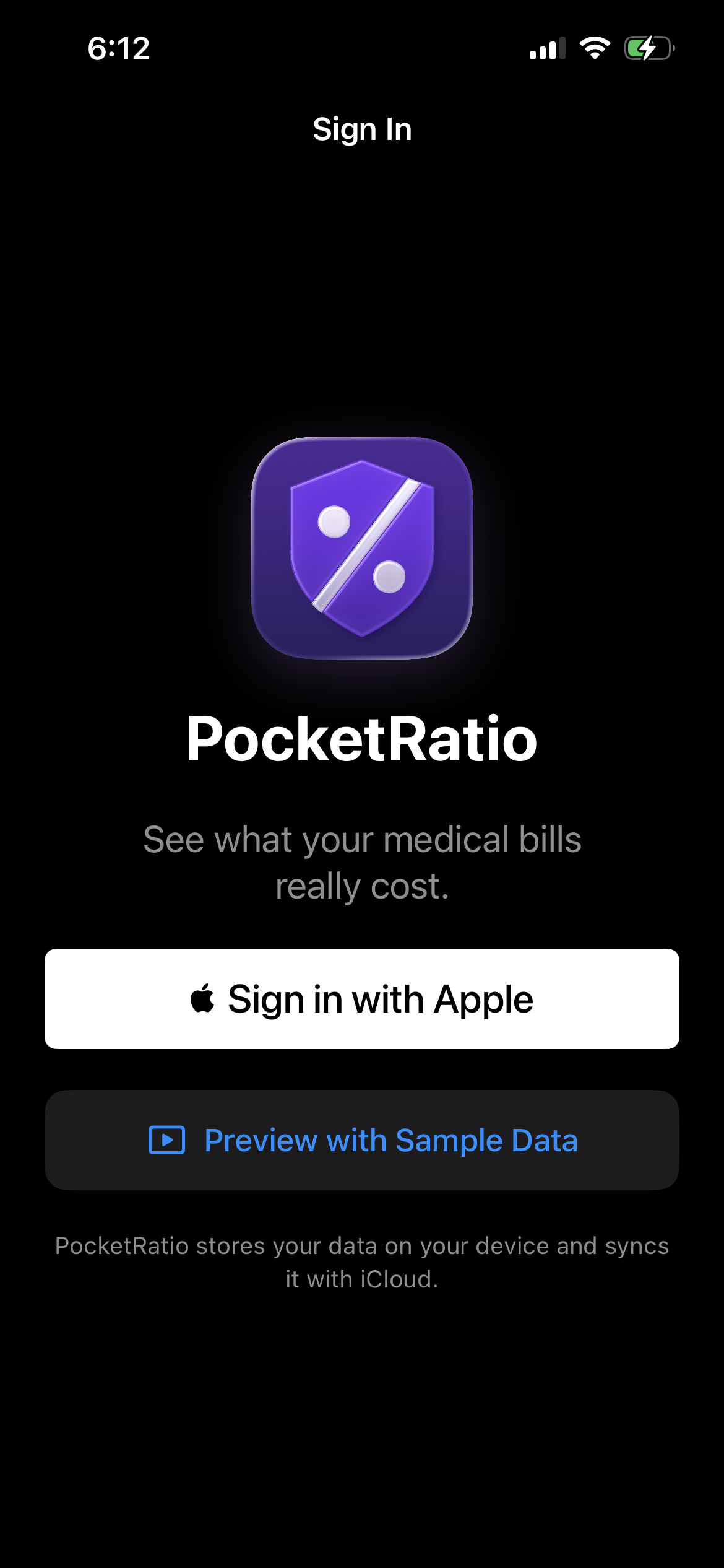 PocketRatio sign-in screen with Sign in with Apple and Preview with Sample Data buttons