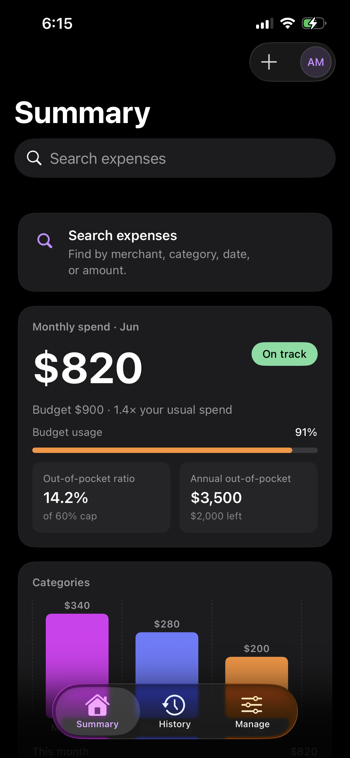 Summary tab showing monthly spend, out-of-pocket ratio, budget usage bar, and category chart