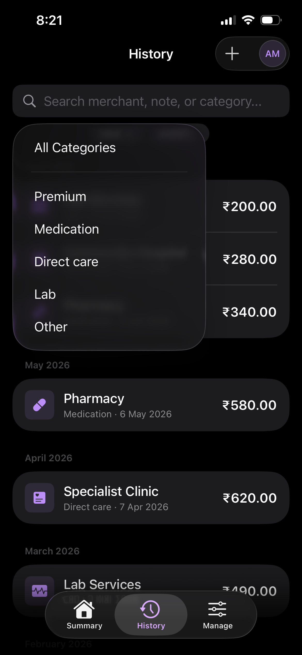 History tab showing expenses grouped by month with category filter dropdown open