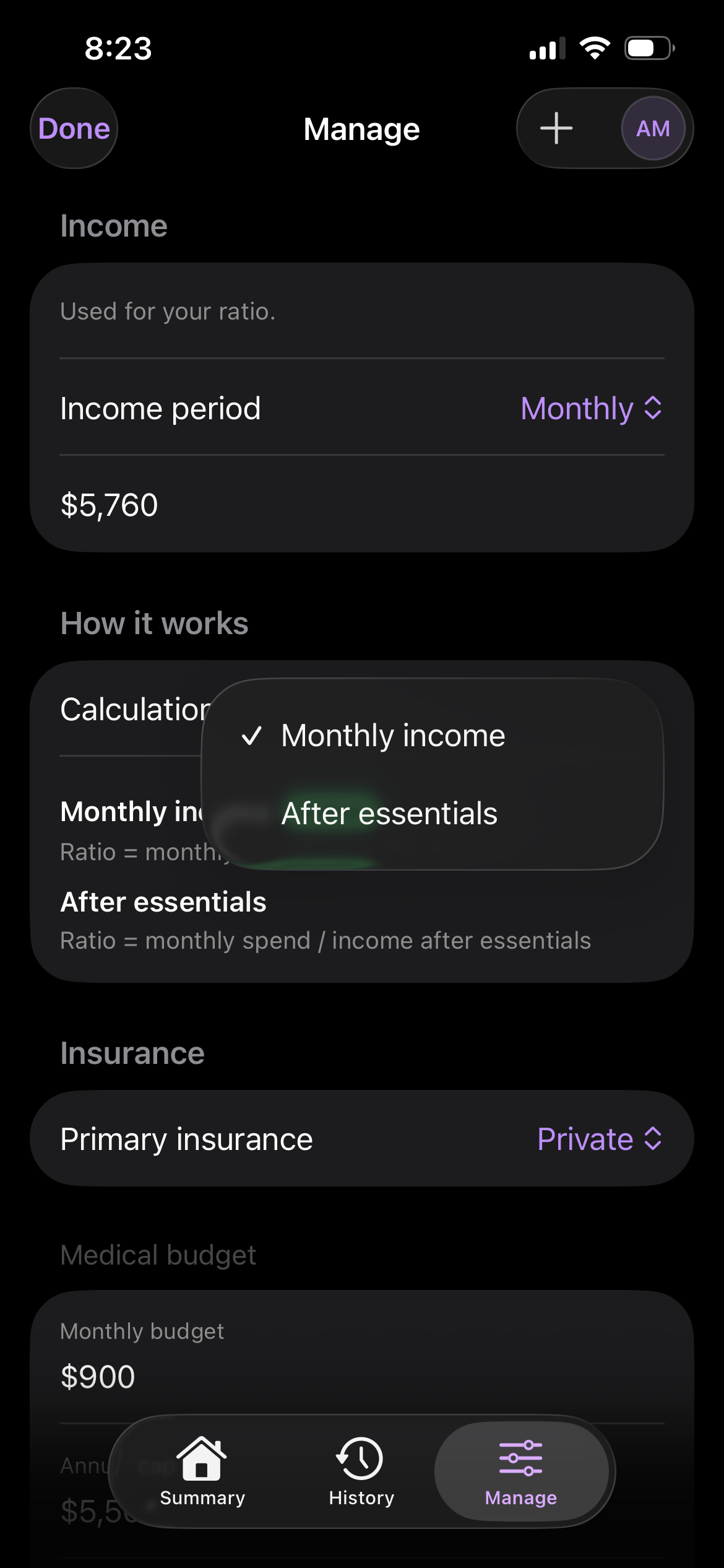 Manage tab showing income, calculation model picker, insurance, and budget settings