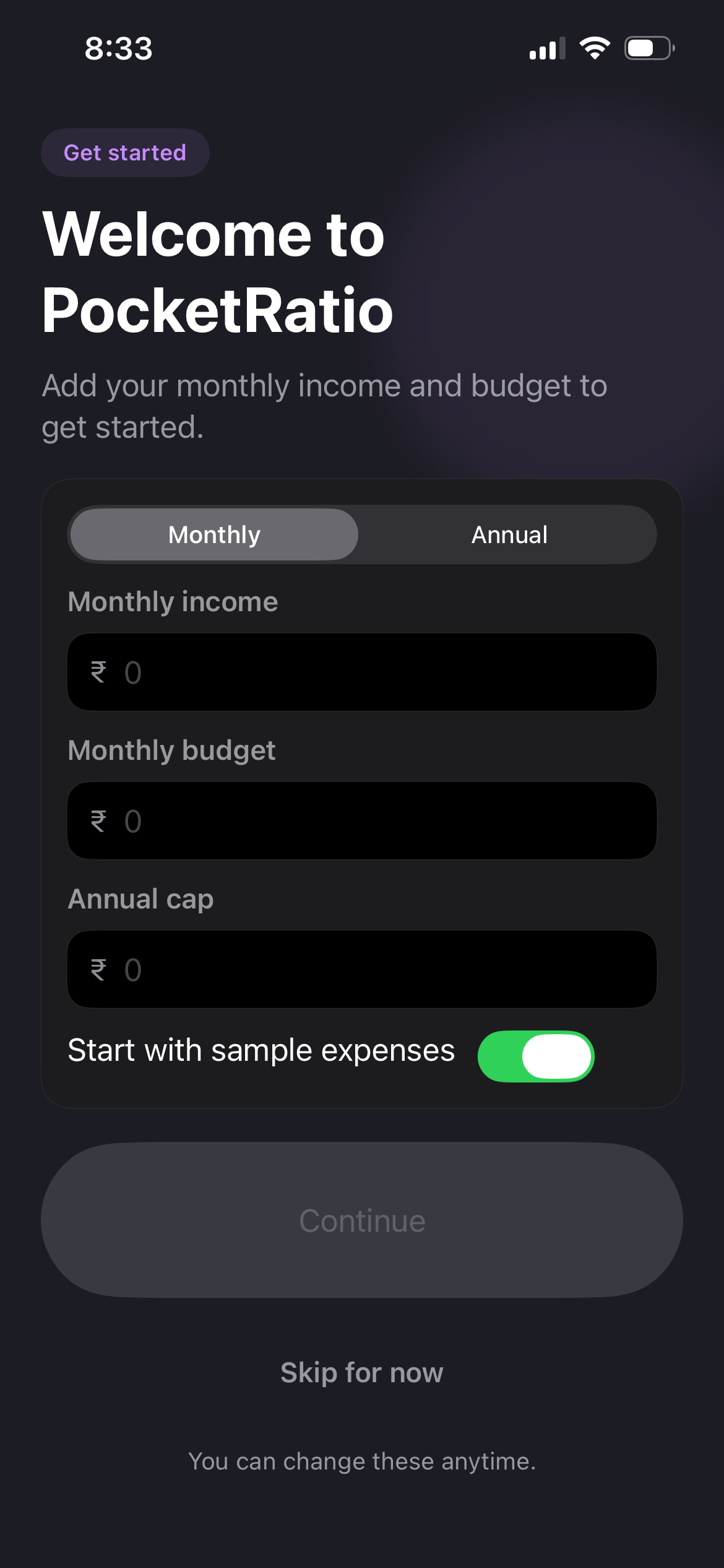 Welcome setup screen showing monthly income, budget, and annual cap fields