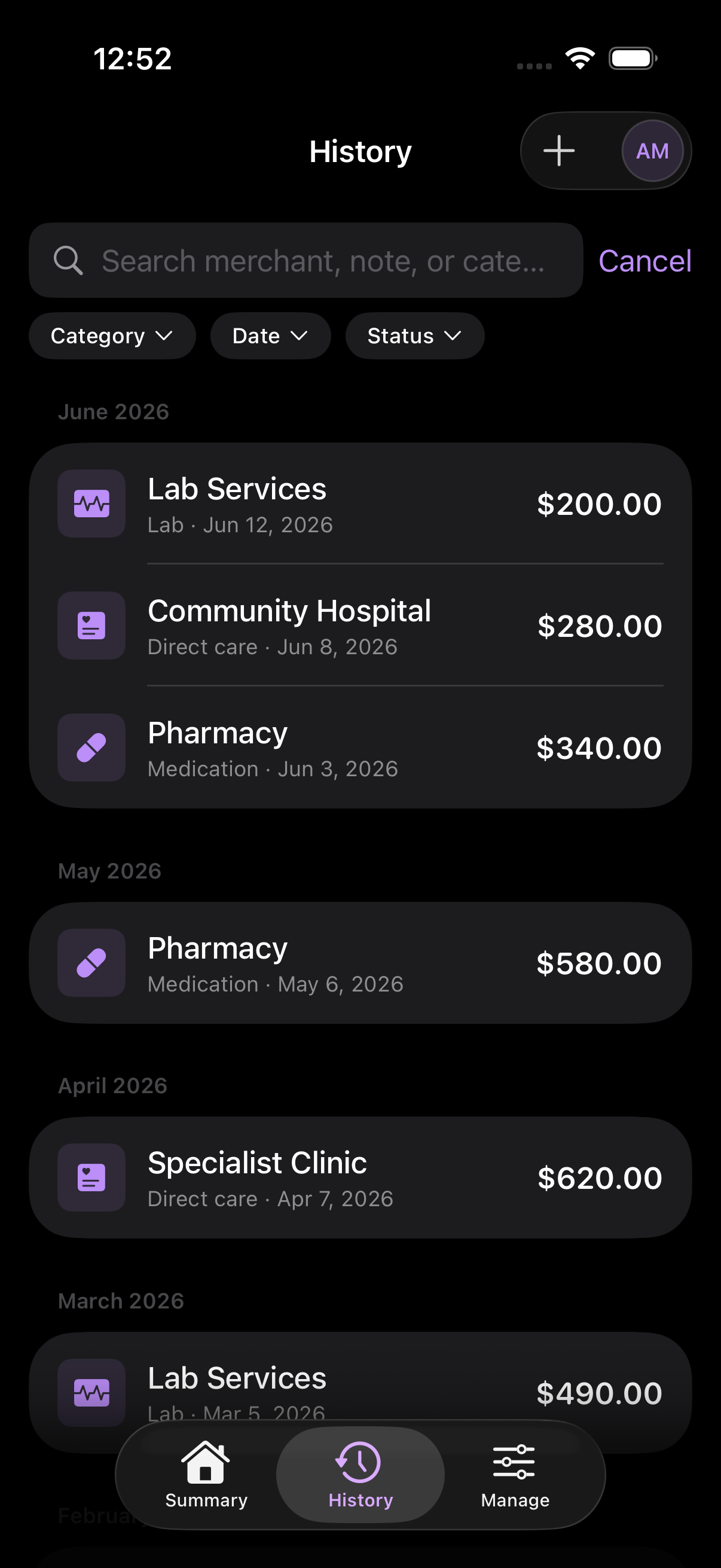 History tab showing expenses grouped by month with category filter dropdown open